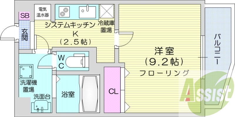 1K、エアコン、電気コンロ、シャワートイレ、オール電化