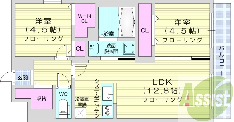 2LDK、エアコン、ネット無料、システムキッチン