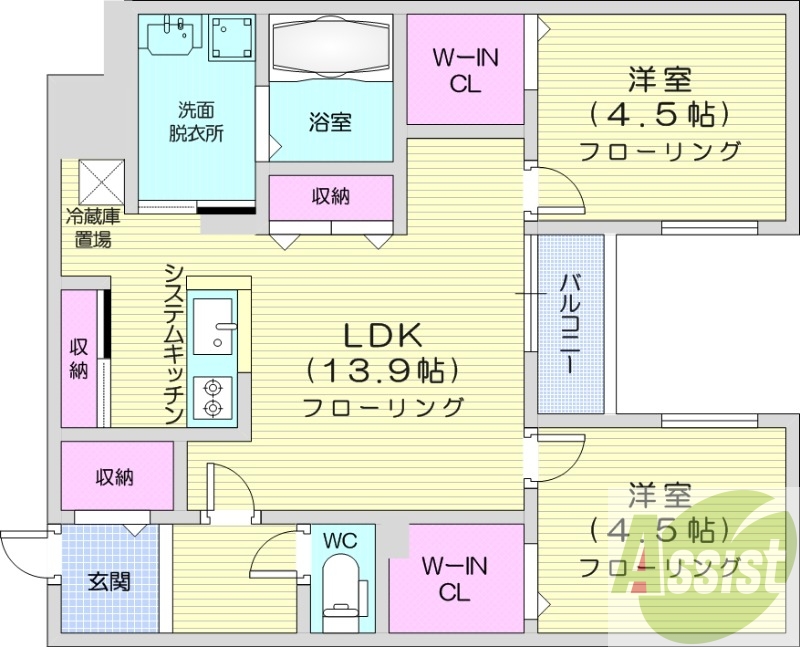 2LDK、エアコン、ネット無料、システムキッチン