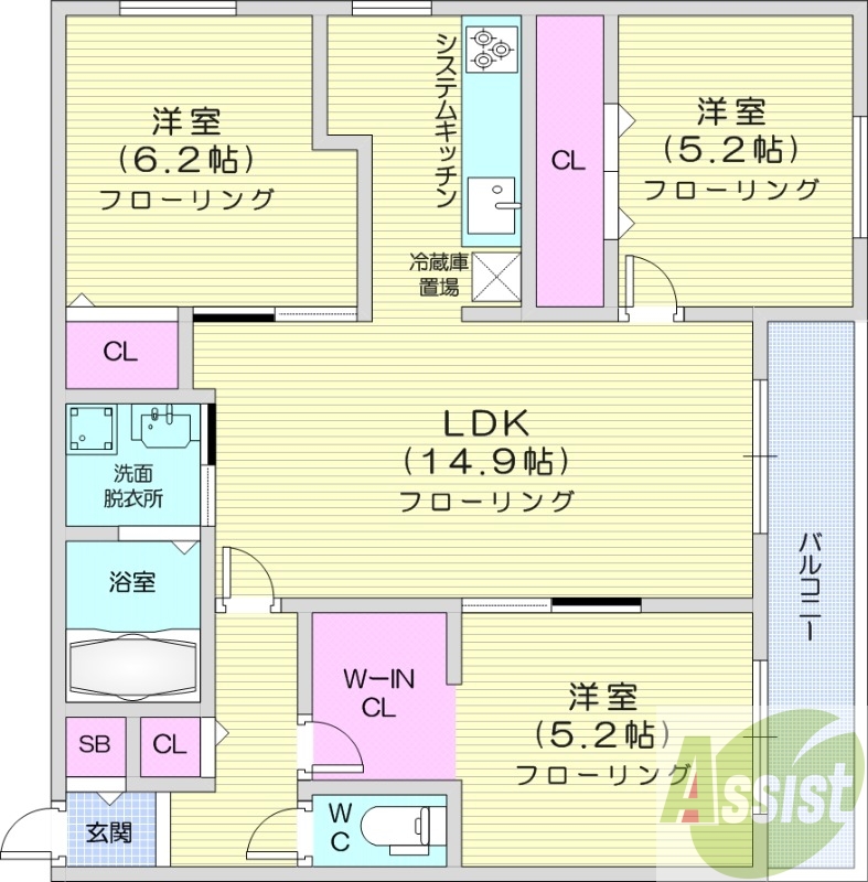 3LDK、エアコン、ネット無料、追い焚き