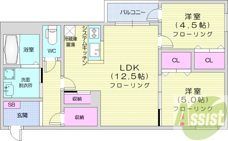 2LDK、エアコン、ネット無料、システムキッチン