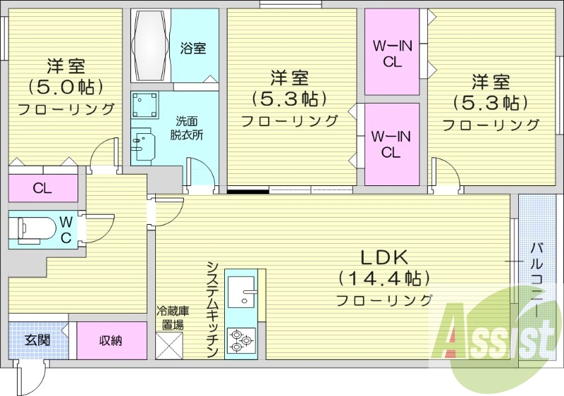 3LDK、エアコン、ネット無料、システムキッチン