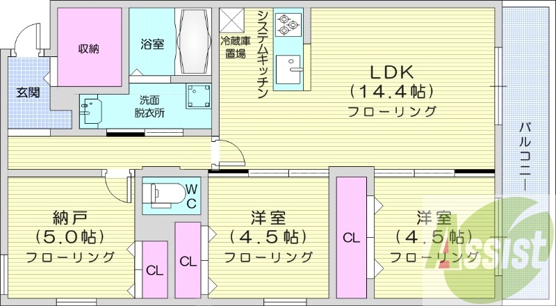 2LDK+S、エアコン、ネット無料、システムキッチン