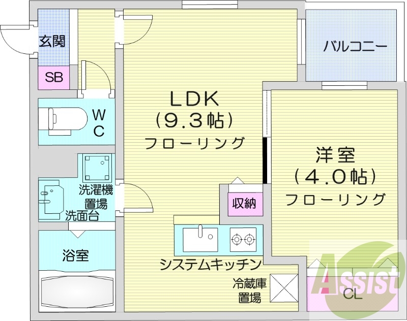 1LDK、クローゼット、ガスシステムキッチン、収納スペース