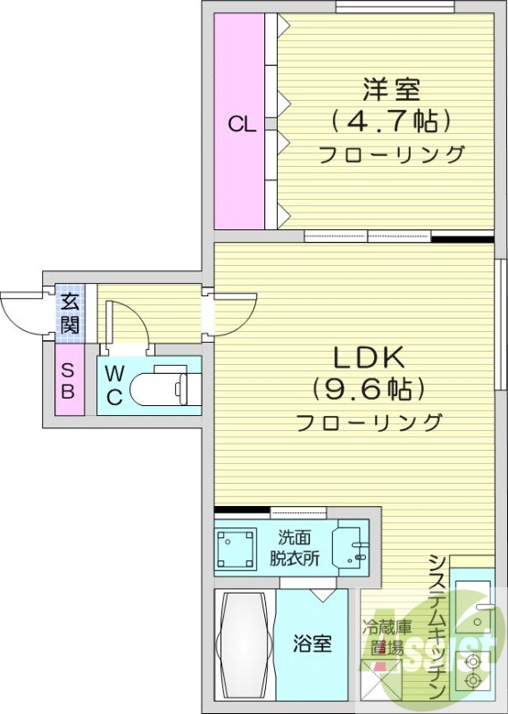 1LDK、都市ガス、エアコン、システムキッチン