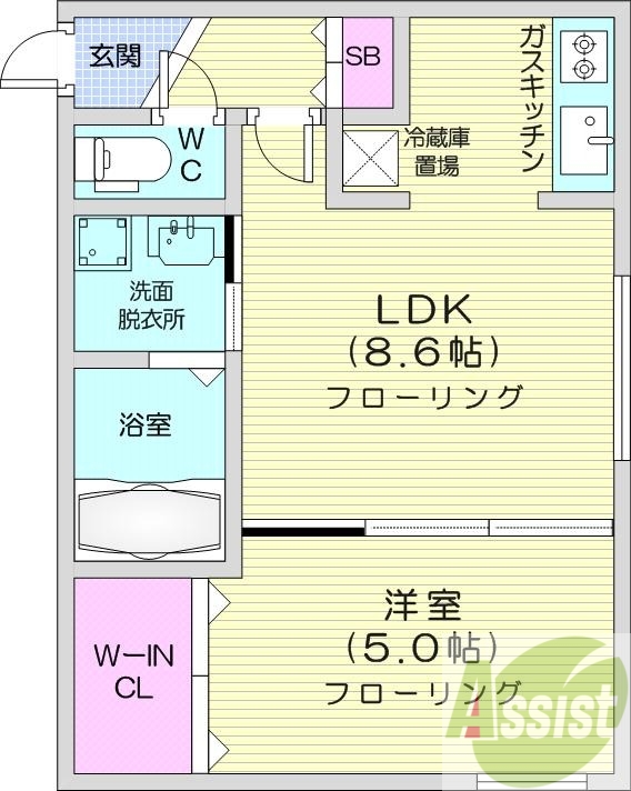 1LDK、都市ガス、エアコン、システムキッチン