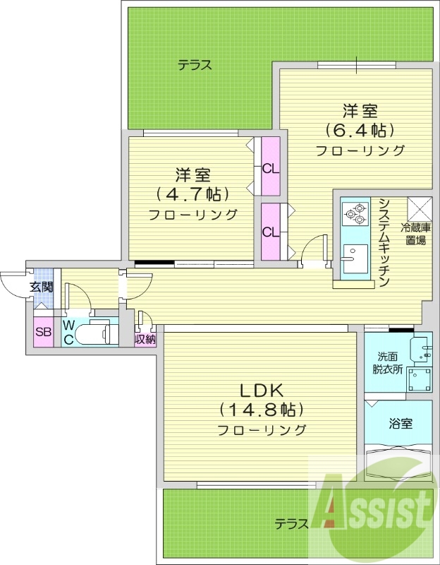 2LDK、エアコン、都市ガス、システムキッチン
