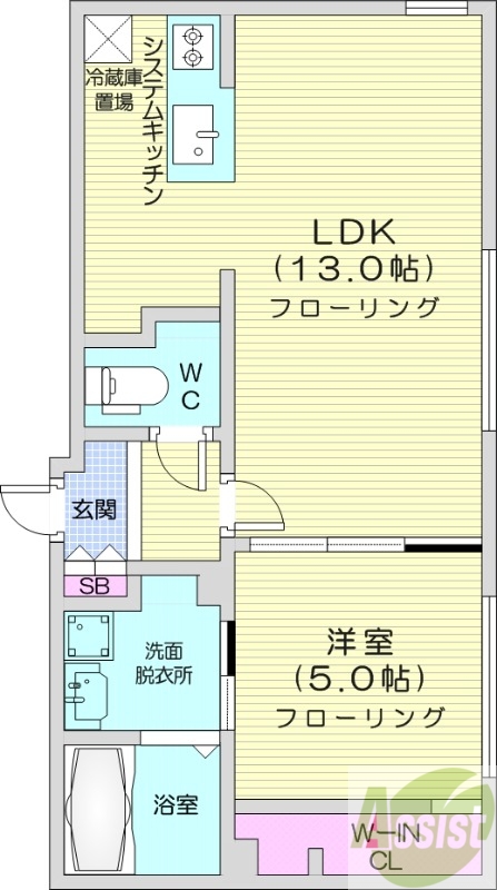 1LDK、エアコン、都市ガス、システムキッチン