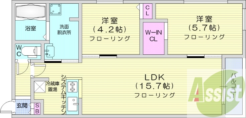 2LDK、エアコン、都市ガス、システムキッチン