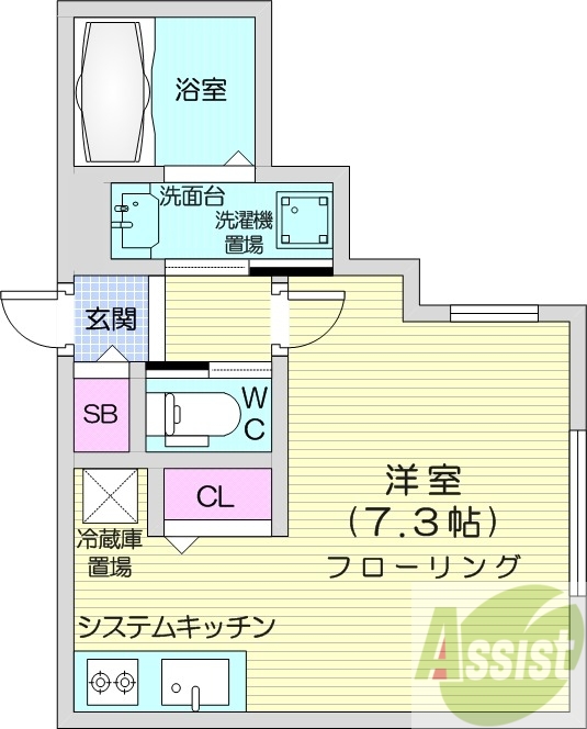 1K、角部屋、システムキッチン、浴室乾燥機、ネット無料