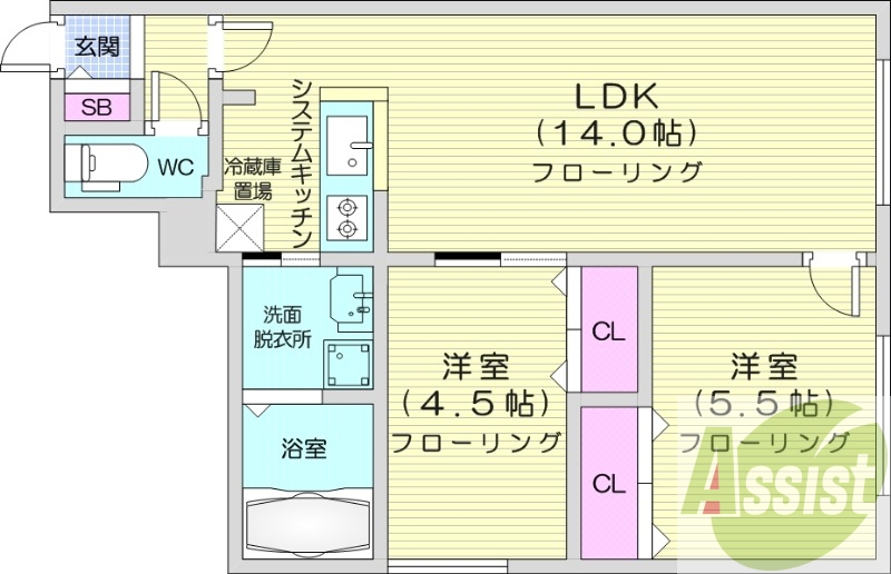 2LDK、システムキッチン、エアコン、追い焚き、ネット無料