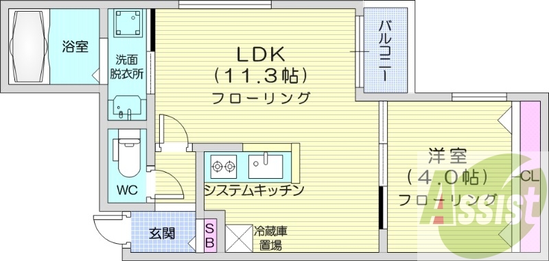1LDK、都市ガス、エアコン、システムキッチン、