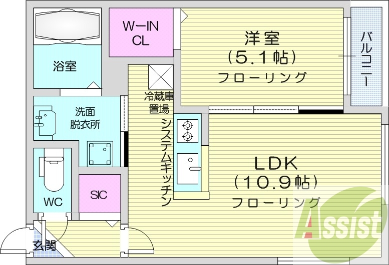 1LDK、都市ガス、エアコン、システムキッチン、