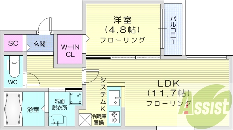 1LDK、都市ガス、エアコン、システムキッチン、