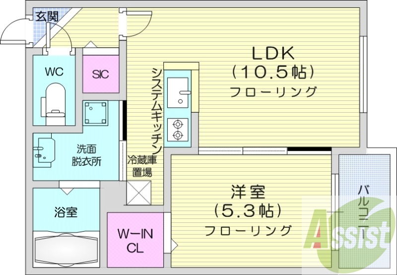 1LDK、都市ガス、エアコン、システムキッチン、