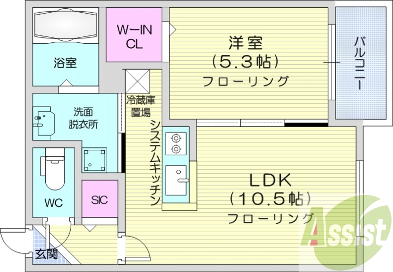 1LDK、都市ガス、エアコン、システムキッチン、