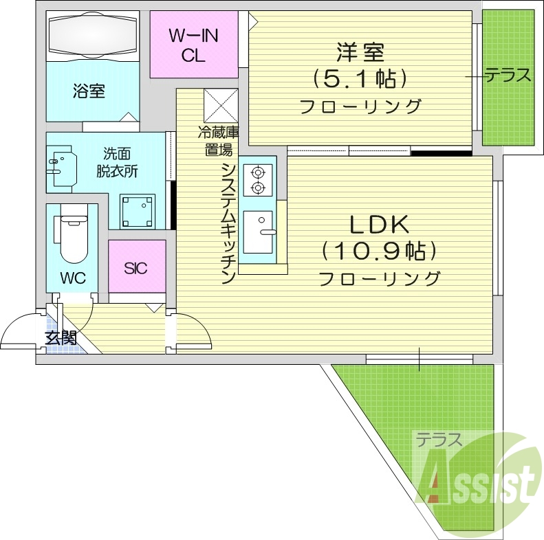 1LDK、都市ガス、エアコン、システムキッチン、