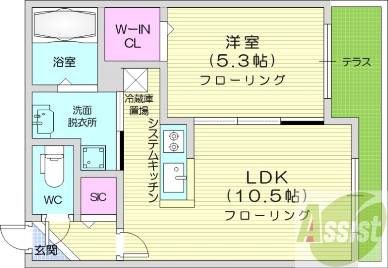 1LDK、都市ガス、エアコン、システムキッチン、