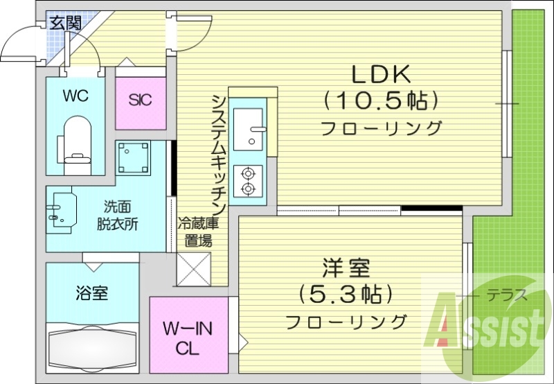 1LDK、都市ガス、エアコン、システムキッチン、