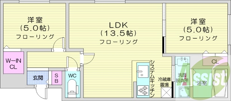 2LDK、都市ガス、エアコン、浴室乾燥機