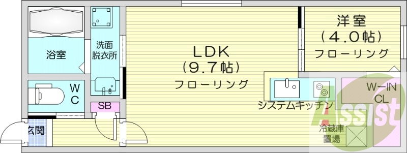 1LDK、都市ガス、システムキッチン、