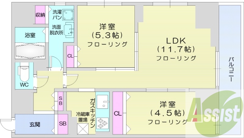 2LDK、都市ガス、オートロック、追い炊き、独立洗面所