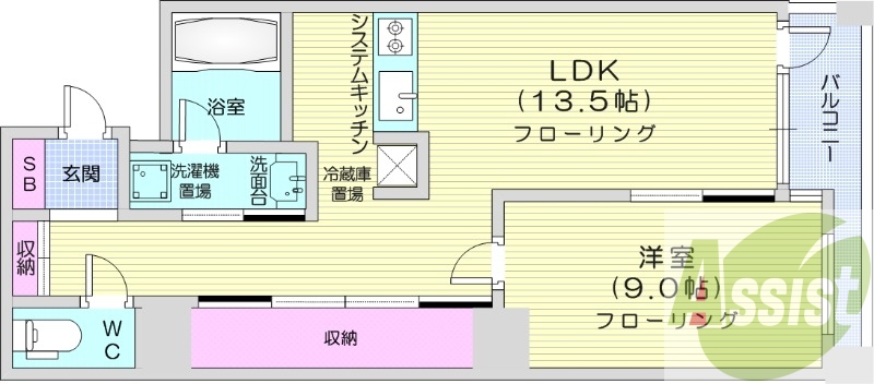 1LDK、エアコン、浴室乾燥機、オートロック、対面キッチン
