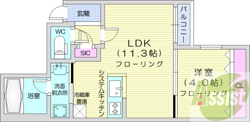 1LDK、エアコン、都市ガス、システムキッチン