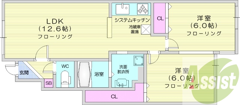 2LDK、エアコン、ペット可、追い焚き、システムキッチン