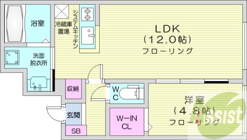 1LDK、エアコン、都市ガス、システムキッチン