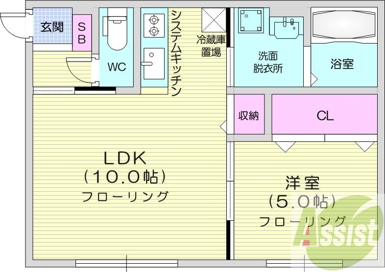 1LDK、エアコン、都市ガス、システムキッチン