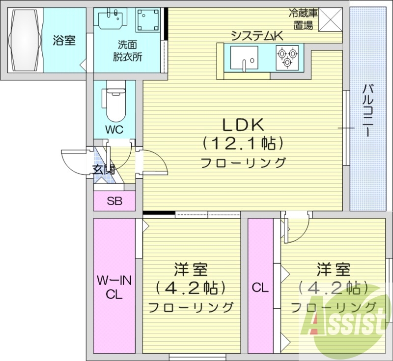 2LDK、エアコン、都市ガス、ネット無料