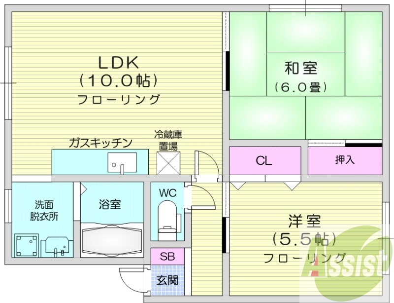 ２LDK、洗髪洗面化粧台、灯油暖房、トランクルーム