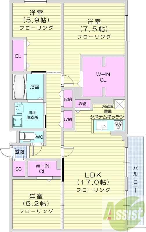 3LDK、都市ガス、エアコン、バルコニー