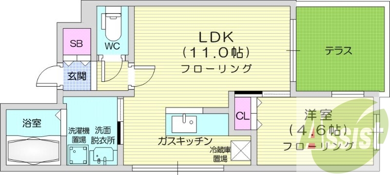 1LDK、角部屋、エアコン、灯油暖房、ネット無料