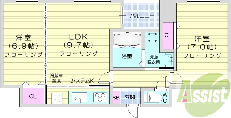 2LDK、ガス給湯、エアコン、システムキッチン