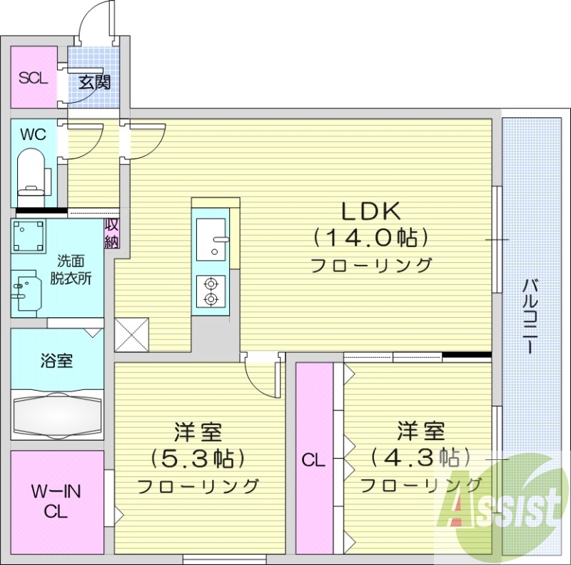 2LDK、都市ガス、エアコン、システムキッチン、ネット無料