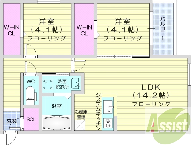 2LDK、都市ガス、エアコン、システムキッチン、ネット無料