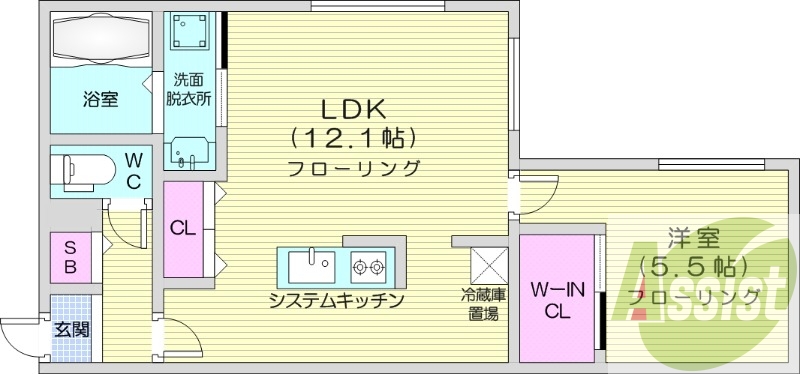 1LDK、エアコン、都市ガス、システムキッチン