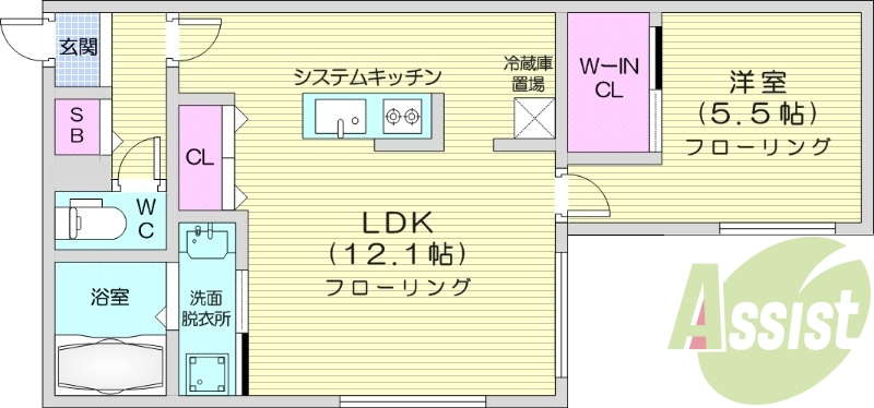 1LDK、エアコン、都市ガス、システムキッチン
