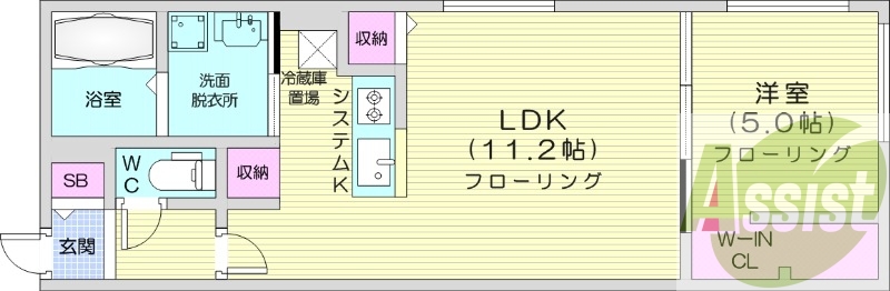 1LDK、エアコン、都市ガス、システムキッチン