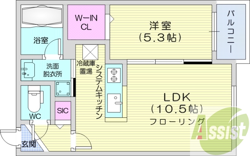 1LDK、エアコン、都市ガス、システムキッチン