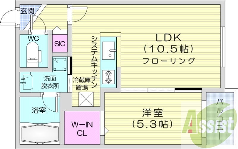 1LDK、エアコン、都市ガス、システムキッチン