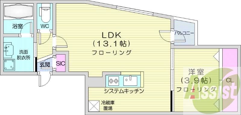 1LDK、エアコン、都市ガス、システムキッチン