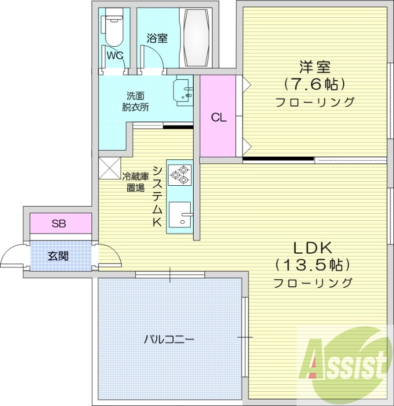 1LDK、エアコン、システムキッチン、独立洗面台