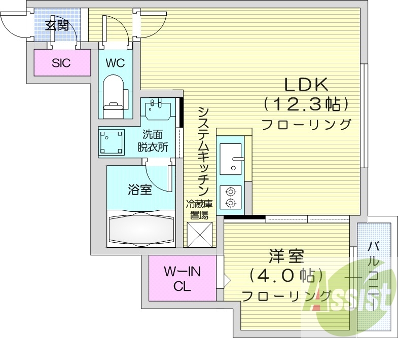 1LDK、エアコン、都市ガス、システムキッチン