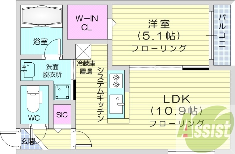 1LDK、エアコン、都市ガス、システムキッチン