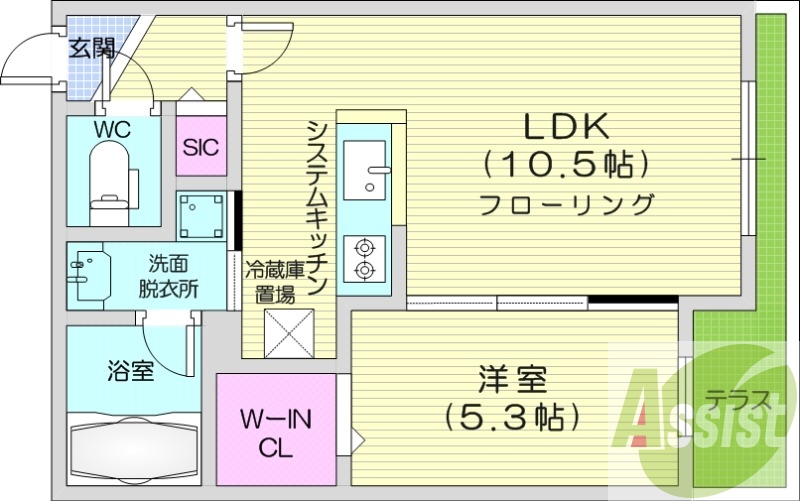 1LDK、エアコン、都市ガス、システムキッチン