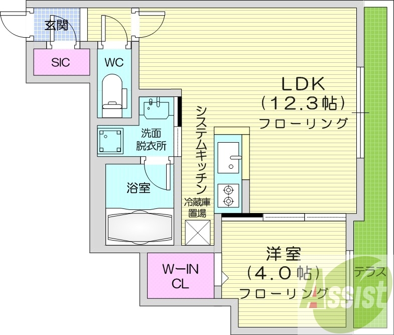 1LDK、エアコン、都市ガス、システムキッチン