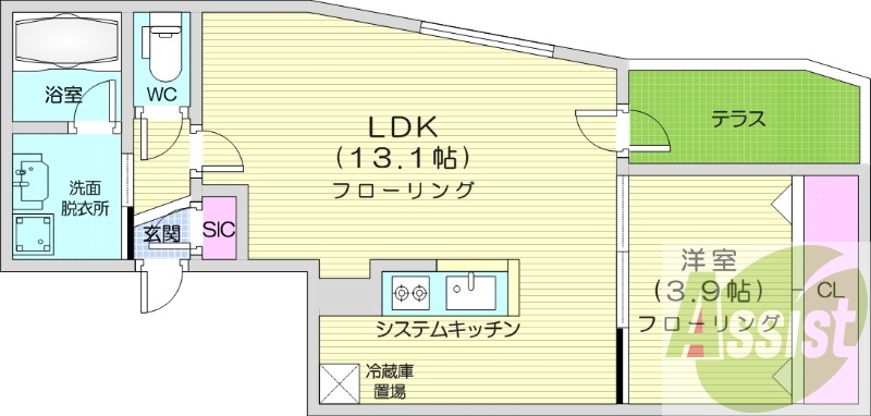 1LDK、エアコン、都市ガス、システムキッチン